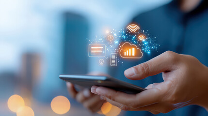 Aufkleber - person holds smartphone with digital cloud and data icons, symbolizing modern business connectivity and technology integration. background is blurred, highlighting focus device and digital
