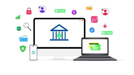 Poster - Online and digital banking concept 4k animation with multiple devices and floating shapes. Digital banking, money transfer, smartphone, debit card, credit, business, finance, secure.