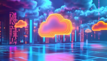 Poster - Neon Cityscape with Glowing Cloud Computing Symbol