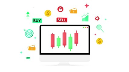 Poster - Online trading concept 4k animation on the computer screen, candles, graph, analytics, finance, money. Forex, digital trading design background