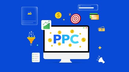 Poster - Pay per Click advertisement concept design with blue backdrop and floating shapes around the computer. PPC, ads, campaigns, graph, analytics, leads, return on investment, CTR