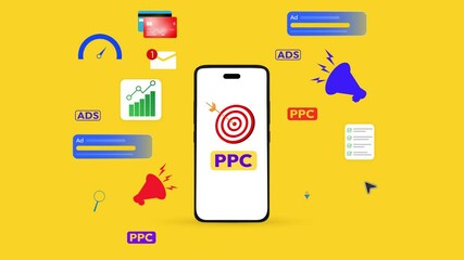 Poster - PPC on the smartphone with goal and target on the screen, 4k. Result, ads, marketing, digital advertising, campaigns, megaphone, analytics, ads.