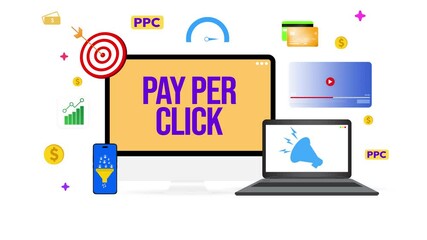 Poster - PPC marketing on the multiple devices concept with goal, target, analytics, growth, graph, profit, revenue, return on investment, video ads