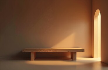 Aufkleber - Minimalist wooden table in dimly lit interior room with light source, doorway. Empty dais with bench display. Modern interior template for product presentation, showcase, advertising, interior shoot.