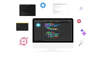 Poster - programming and coding with the help of ai coding assistant, 4k animation. infographics, code, progr