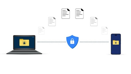 Poster - Secure and protected data transfer between laptop and mobile, 4k animation with lock and files. Data, networking, transferring, sharing files