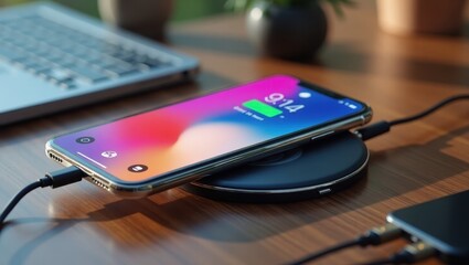 Poster - Portable Wireless Charger. Phone is sitting on wireless charger on desk