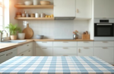 Poster - Kitchen interior with blue, white checkered tablecloth over table, blurred background. Cosy wooden countertop with fresh fruit, herbs. Empty space for food, advertizing. Modern, minimalist design,