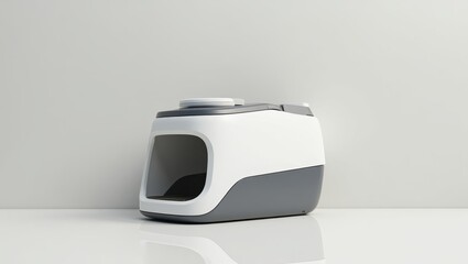 Poster - Robot Litter Box. Dog is sitting in small dog house on floor