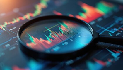 Poster - Magnifying glass colorful stock chart, financial data. Business analytics, investment research tool. Market trend analysis, data science. Economic indicators, company performance evaluation, precise