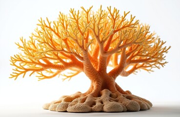 Aufkleber - Isolated coral tree with yellow branching structure, intricate patterns on white backdrop. No people. Underwater nature, undersea life, ocean, tropical climate. Reef environment. Tranquil scene.