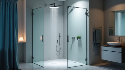 Poster - Smart Shower. Shower is glass and has white sink and mirror