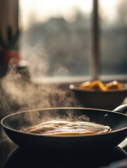 Aufkleber - Cooking a delicious omelette in a sunny kitchen with steam rising from the pan. Generative AI