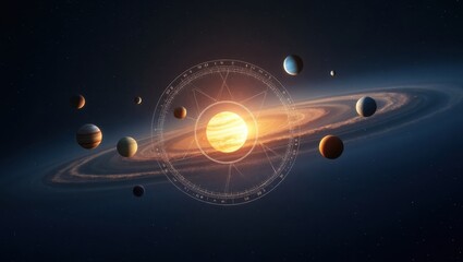 Poster - Stellium. Sun is setting in front of spiral of planets
