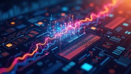 Poster - Tokenization. Electronic circuit board is displaying colorful line of data