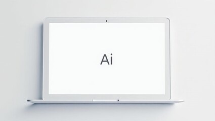 Poster - ai writing tool. laptop is open and has white screen with word ai on it