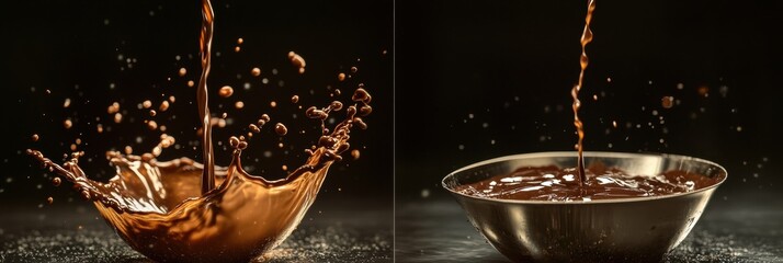 Poster - Chocolate liquid splashes into a bowl creating a captivating visual display in a dark setting. Generative AI