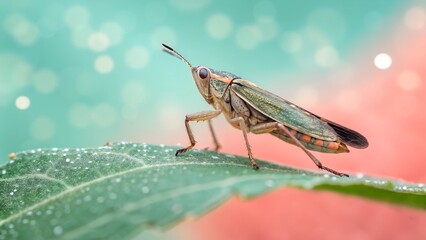 Wall Mural - macro insect on leaf: a detailed macro shot of a small insect perched on a dew-covered leaf, showcas
