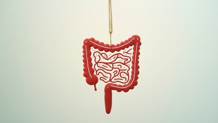 Poster - Gut Biome. Red and white intestive organ shaped ornament hangs from string