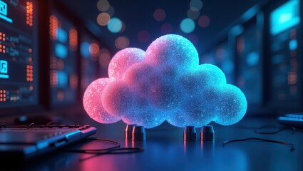 Poster - Hybrid Cloud. Clouds are glowing blue and pink on desk