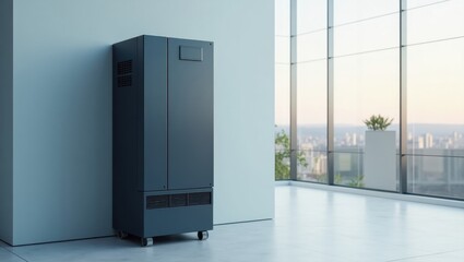 Poster - Hybrid Inverter. Large black refrigerator is next to window in room