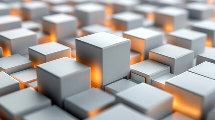Poster - Randomly arranged white cube boxes fading out on a modern background symbolizing abstraction transition emptiness and minimalism with copy space for creative design.

