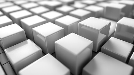 Poster - Randomly arranged white cube boxes fading out on a modern background symbolizing abstraction transition emptiness and minimalism with copy space for creative design.

