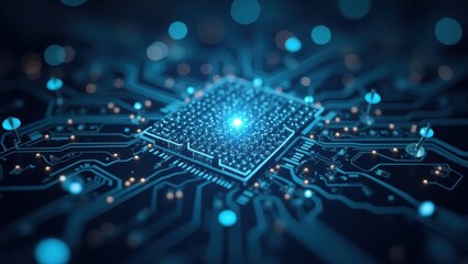 Poster - Integrated Engineering. Electronic circuit board is illuminated by blue lights