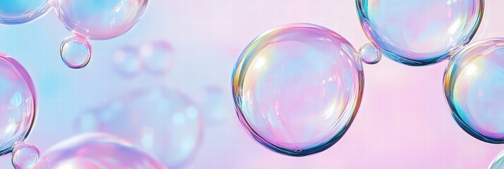 Fototapete - Colorful soap bubbles create a playful repeating pattern against a pastel background during a sunny afternoon. Generative AI