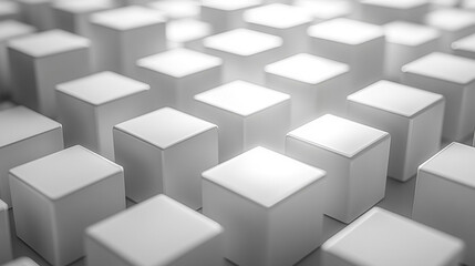 Poster - Randomly arranged white cube boxes fading out on a modern background symbolizing abstraction transition emptiness and minimalism with copy space for creative design.

