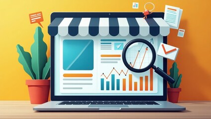 Poster - Shopify Seo. Laptop is open and has magnifying glass on it