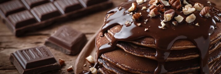 Poster - Indulging in delicious chocolate pancakes topped with nuts in a cozy setting during breakfast time. Generative AI