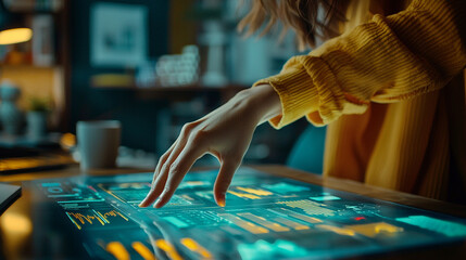 Poster - Woman using futuristic interactive digital touchscreen technology interface display data hand user