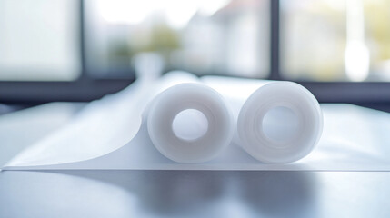 Poster - White paper rolls on a table soft light background studio clean image sheet blank design smooth