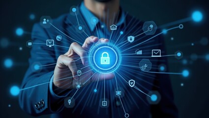 Poster - Banking Cybersecurity. Man is holding padlock in his hands with many icons around him