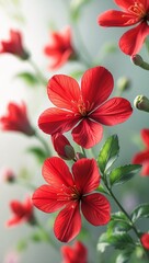 Wall Mural - Close-up of Vibrant Red Flowers in Full Bloom, Soft Light and Lush Green Foliage