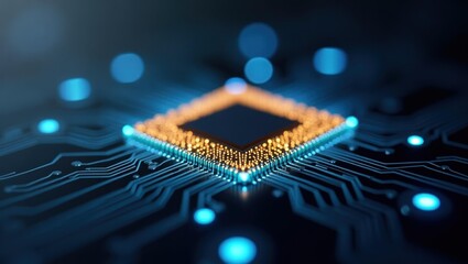 Poster - Chiplet. Electronic circuit board is illuminated with blue and yellow lights