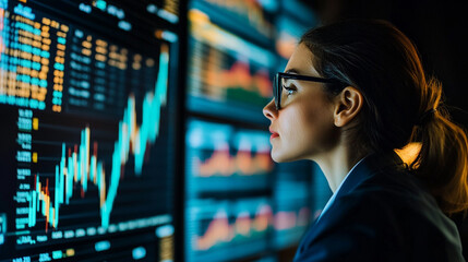 Poster - Focused businesswoman analyzing financial data charts on multiple screens in a modern office setting