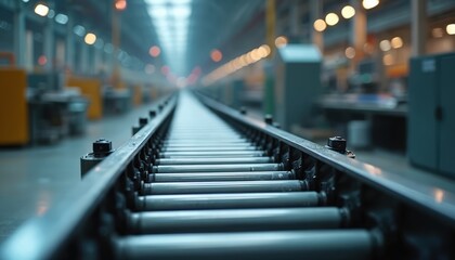Aufkleber - Close-up empty conveyer belt in factory. Production line idle. Steel automated industrial manufacture stationary machine at warehouse. Shutdown, production halt concept. Interior shot of