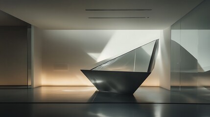 Fototapete - Modern Architectural Structure with Glass Panel in Lit Minimalist Space