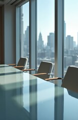 Poster - Empty boardroom with modern furniture, glass table. Chairs row near window overlooking cityscape. Meeting room interior for business negotiation, corporate strategy. Workplace design with copy space