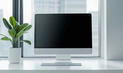 Poster - Minimalist Workspace with Computer and Green Plant by Window