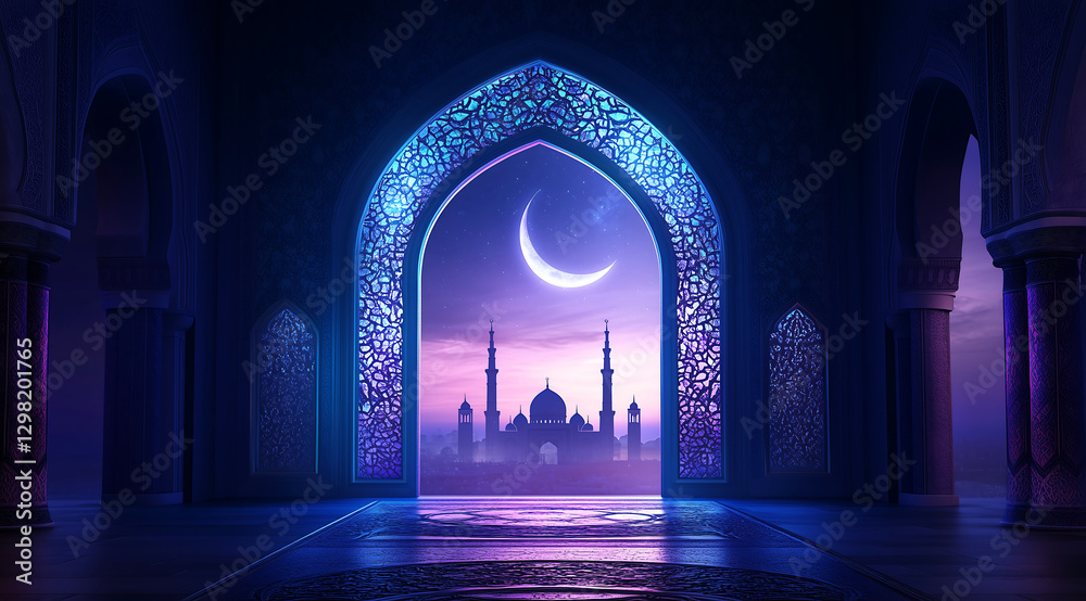 Magnificent mosque with glowing lanterns and a crescent moon at night ...
