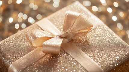 Aufkleber - Shimmering golden gift box with ribbon on sparkling background celebrating special occasions such as birthdays and holidays. Generative AI