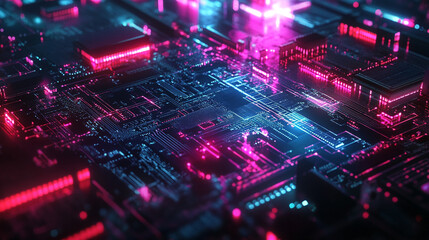 Poster - abstract futuristic circuit board with pink and blue neon lights data tech future modern energy