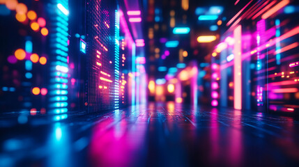 Poster - Abstract neon lights digital corridor futuristic technology background glow pink blue data space