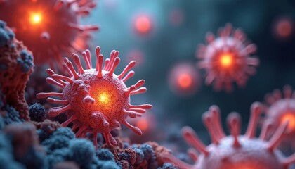 Poster - Microscopic view of red virus cells with spike proteins. Concept of immune system attacking infection, virology, viral disease. Viral replication, pathogen defense, infectious agents, vaccine