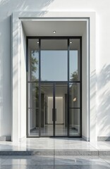 Poster - Minimalist contemporary style office building entrance. Black framed glass door facade and clear glass windows. Modern architecture with sunlight and tree shadows. Commercial, corporate premises.
