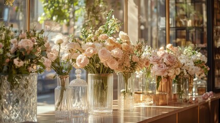 Poster - Beautiful floral arrangement in a bright shop window during the afternoon in a busy urban setting. Generative AI