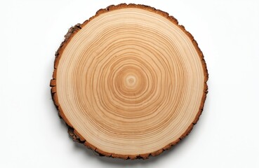Poster - Top view of cut wood slice with tree rings on white background. Circular wooden piece shows annual ring pattern. Brown timber abstract texture, nature material close-up. Represents aging process,